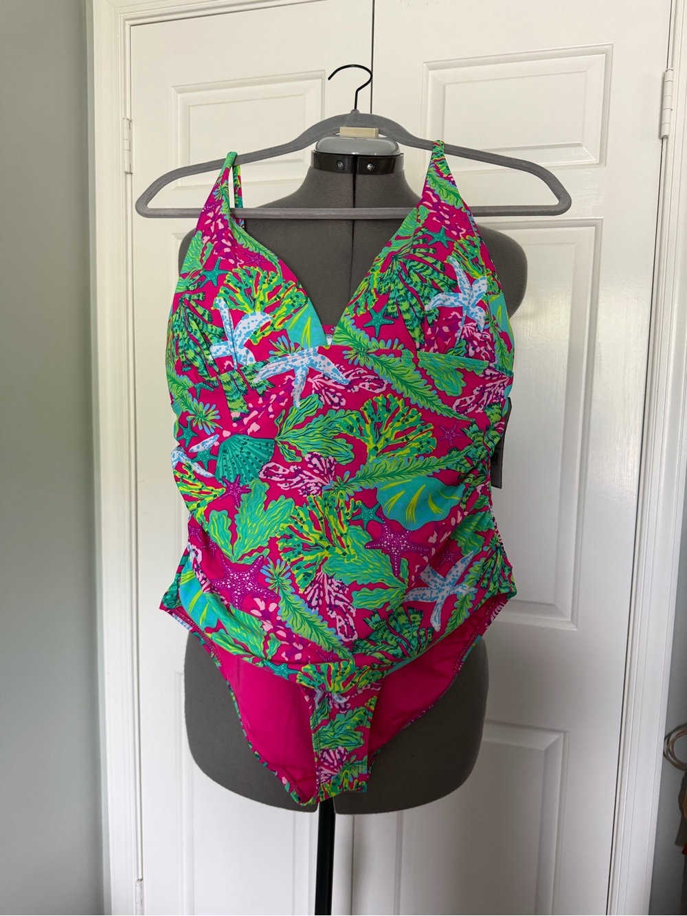NWT Bright Pink Tropical Print One-Piece Swimsuit L